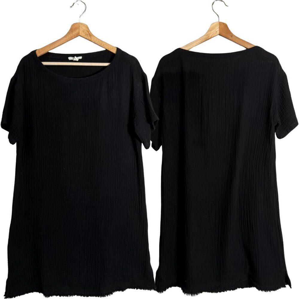 Eileen Fisher Organic Cotton Gauzy Mini Dress Women's XS Black Lagenlook Minimal